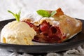 Homemade cherry strudel with powdered sugar and vanilla ice cream close-up. horizontal Royalty Free Stock Photo