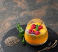 Homemade Chia pudding with coconut milk, mango puree, mango chunk and raspberry