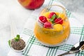 Homemade Chia pudding with coconut milk, mango puree, mango chunk and raspberry