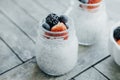 Homemade chia Pudding, yogurt and fresh fruits: Strawberries, bl Royalty Free Stock Photo