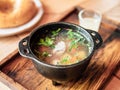 Homemade chicken bouillon or broth, view from above