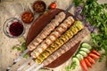 Homemade chicken, lamb and potato kofta kebabs on skewers and lavash bread on the table Royalty Free Stock Photo