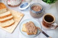 Homemade chicken liver pate, homemade white bread. Breakfast.