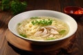 Homemade chicken noodle soup with vegetables and spices in a bowl. Healthy food concept Royalty Free Stock Photo