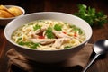 Homemade chicken noodle soup with vegetables and spices in a bowl. Healthy food concept Royalty Free Stock Photo