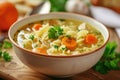 Homemade chicken noodle soup with vegetables and spices in a bowl. Healthy food concept Royalty Free Stock Photo