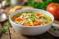 Homemade chicken noodle soup with vegetables and spices in a bowl. Healthy food concept Royalty Free Stock Photo