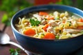 Homemade chicken noodle soup with vegetables and spices in a bowl. Healthy food concept Royalty Free Stock Photo