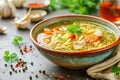 Homemade chicken noodle soup with vegetables and spices in a bowl. Healthy food concept Royalty Free Stock Photo