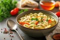 Homemade chicken noodle soup with vegetables and spices in a bowl. Healthy food concept Royalty Free Stock Photo