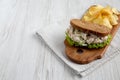 Homemade Chicken Salad Sandwich with Potato Chips, side view. Copy space Royalty Free Stock Photo