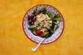 Homemade chicken salad served in a pretty bowl with spinach kalamata olives and cherry tomatoes on bright yellow painted backgroun Royalty Free Stock Photo