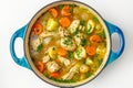 Homemade Chicken Soup, Traditional Meat Broth, Sturdy Clear Chicken Bouillon in Cook Pot Royalty Free Stock Photo