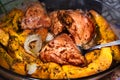 Homemade Chicken thighs and pumpkin pieces baked in glass form. Royalty Free Stock Photo