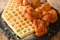 Homemade Chicken and Waffles is a soul food dish that everyone loves close up in the slate plate. Horizontal
