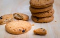 Homemade chocolat chip cookies on wood plate.