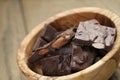 Homemade chocolate with almonds in wood bowl Royalty Free Stock Photo