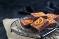 Homemade chocolate brownies with salted pretzels on top Royalty Free Stock Photo