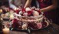 Homemade chocolate cake, adorned with fresh flowers, brings happiness generated by AI