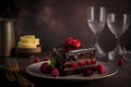 Homemade Chocolate Cake Browny with raspberry and mint. Royalty Free Stock Photo