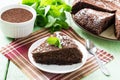 Homemade chocolate cake, chocolate dessert and mint