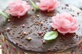 Homemade chocolate cake decorated with edible roses and leaves. Royalty Free Stock Photo