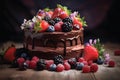 Chocolate cake.berries and fresh flowers.GenerativeAI. Royalty Free Stock Photo