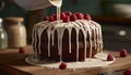 Homemade chocolate cake with raspberry and strawberry decoration, whipped cream generated by AI Royalty Free Stock Photo