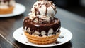 Homemade chocolate cake with whipped cream and strawberry decoration generated by AI Royalty Free Stock Photo