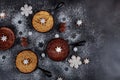 Homemade chocolate chip cookie and brownie decorated with snowflake candy on iron skillet Royalty Free Stock Photo