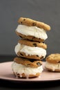 Homemade Chocolate Chip Cookie Ice Cream Sandwich on a pink plate, side view. Close-up Royalty Free Stock Photo