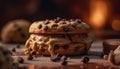 Homemade chocolate chip cookie stack, indulgent dessert on rustic table generated by AI