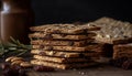 Homemade chocolate chip cookie stack, indulgent refreshment on rustic table generated by AI