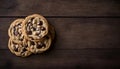 Homemade Chocolate Chip Cookies on Dark Wooden Table, Copy Space