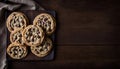 Homemade Chocolate Chip Cookies on Dark Wooden Table, Copy Space