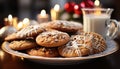 Homemade chocolate chip cookies on festive Christmas plate generated by AI