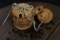 Homemade Chocolate chip cookies, freshly baked on rustic wooden table. Royalty Free Stock Photo