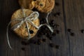 Homemade Chocolate chip cookies, freshly baked on rustic wooden table. Royalty Free Stock Photo