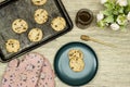 homemade chocolate chip cookies with honey jar on wood table Royalty Free Stock Photo