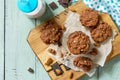 Homemade Chocolate chip cookies and milk on a wooden rustic table. Top view flat lay background with copy Royalty Free Stock Photo