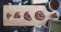 Homemade chocolate chip cookies on wooden tray, with ingredient Royalty Free Stock Photo