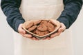 Homemade chocolate cookies on plate in male hands. Royalty Free Stock Photo