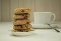 Homemade chocolate cookies. A stack of delicious chocolate chip cookies on a gray table Royalty Free Stock Photo