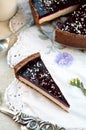 Homemade chocolate cream tart with blackberry jelly and walnuts Royalty Free Stock Photo