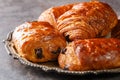 Homemade Chocolate Croissants Pain au Chocolat closeup in the plate. Horizontal Royalty Free Stock Photo