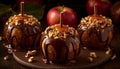 Homemade chocolate dipped apple with caramel, pecan, and dark chocolate generated by AI