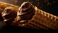 Homemade chocolate ice cream on crunchy waffle cone generated by AI