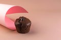 Homemade chocolate muffin on a pink background. Food geometric trend. Creative minimalist food design. Copy space