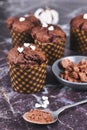 Homemade chocolate muffins with heart shaped sugar sprinkles in paper case with cup and spoon with cocoa powder Royalty Free Stock Photo