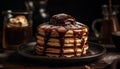 Homemade chocolate pancake stack with fruit and syrup on plate generated by AI